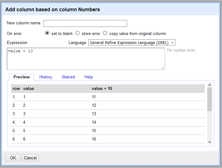 The expressions editor window with a simple expression: value + 10.